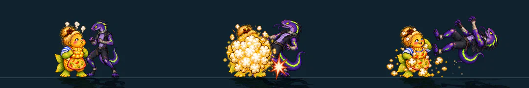 Three frames of POPKORN, from the game's move list