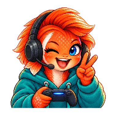 Angie, a red roman fish, flashing a peace sign